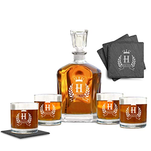 Flourishing And Crown Design Decanter Set With Glasses, Classic Decanter Set For Men, Decanter For Dad, Personalized Decanter With 4 Glasses And Coasters