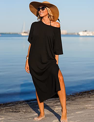 Ekouaer Womens, Nightgown Nightshirt, Round Neck/V Neck Loungewear, Oversized Pajama, Loose Pockets, Long Sleep Dress, A_black, 3X-Large