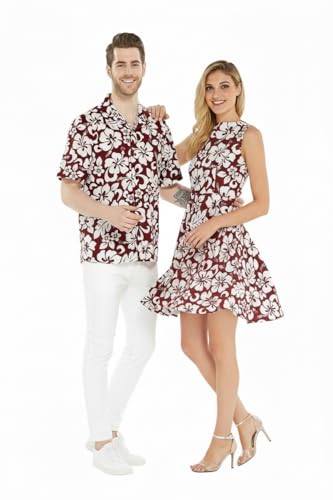 Image of Couple Matching Hawaiian Luau Men Shirt and Women Vintage Fit and Flare Dress in Classic Vintage Hibiscus