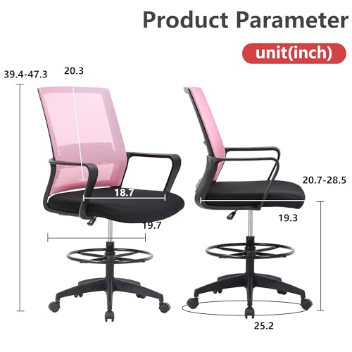 Image of BestOffice Drafting Chair Tall Office Chair Adjustable Swivel Rolling Mesh Height with Lumbar Support Arms Footrest Mid Back for Adults Standing Desk Drafting Stool (Light Pink)