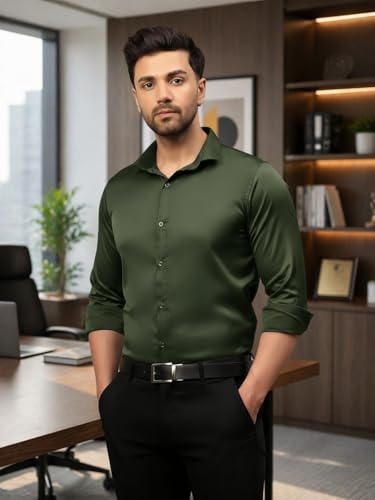 Image of DEELMO Combo of Men's Stylish Solid Satin Casual Shirt for Men Full Sleeves| Poly Satin Silk Shirt Pack of 2