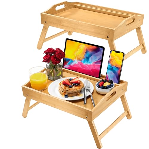 Bed Table Tray with Folding Legs, (2 Pack) Laptop Holder and Handles - Breakfast Tray Bamboo Bed Tray for Eating, Sofa, Bed, Food Trays for Eating on Couch, Snacking and Working by HOME IT - Used condition - US$16.35