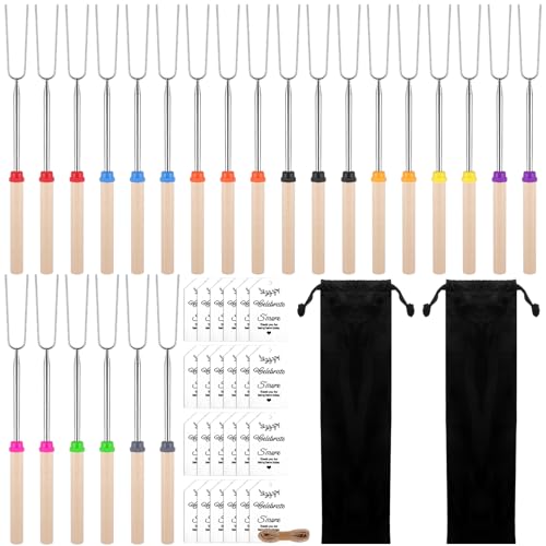 Ioffersuper 24 Sets 32In S'mores Sticks Extendable Marshmallow Roasting Sticks Storage Bags S'mores Skewers Camping Essentials Toasting BBQ Forks for Campfire Camping Essentials Outdoor Accessories