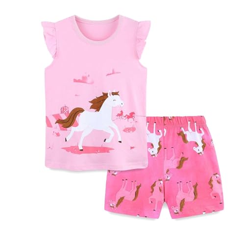 夏用女の子用半袖漫画白馬プリントTシャツ ショーツ ツーピースセット 入学式 女の子 スーツ 格子柄 スノーウェア パンツキッズ