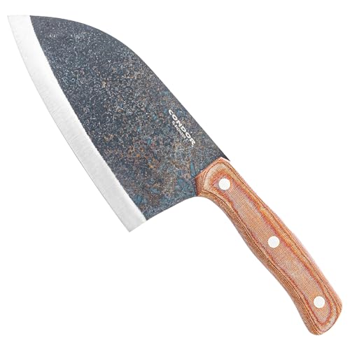 Condor Tool & Knife Serbian Kuvar Cleaver - Micarta Handle - 6.3 In Fire Starter - Convex - 1075 High Carbon Steel - Welted Leather Sheath - Perfect for Bone and Meat Cutting 14.5 oz