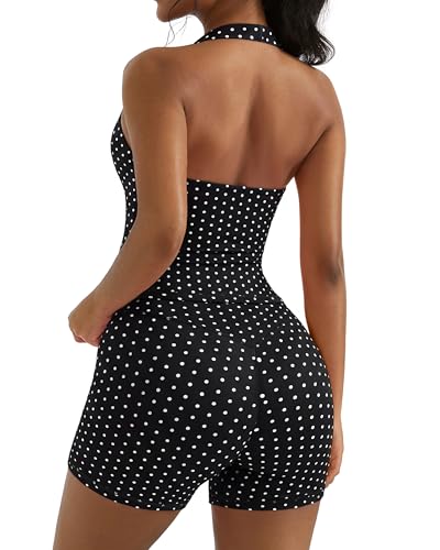 OMKAGI 2 Piece Workout Sets for Women Halter Sports Bra Tank Gym Biker Shorts Outfits(S 431-Black White Polka Dot)