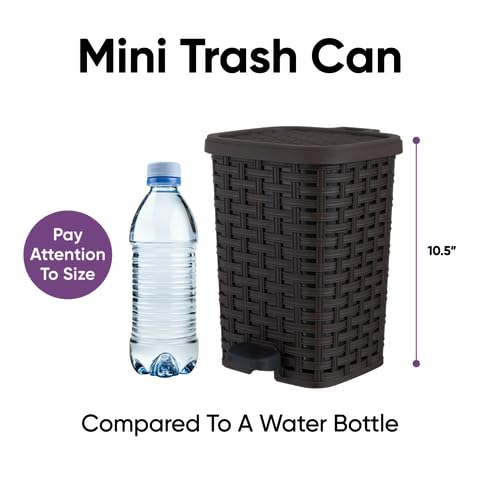 Image of Superio Mini Trash Can with Foot Pedal Small Outdoor Garbage Can with Lid, 1.5 Gallon Plastic Waste Basket for Bathroom, Bedroom, Kitchen, Office, Patio (Wicker Brown 6 QT.), 4 Pack