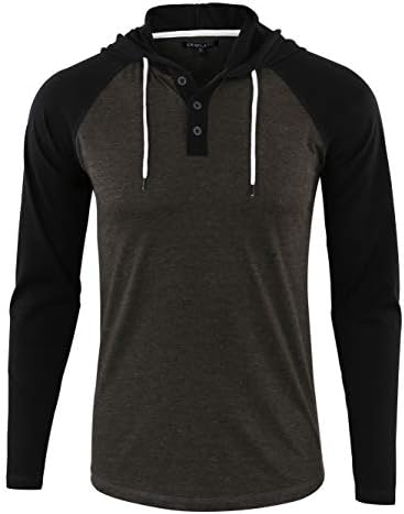 DESPLATO Men's Casual Long Sleeve Lightweight Active Sports Henley Hooded Shirt Hoodie Jersey H.Charcoal/Black L