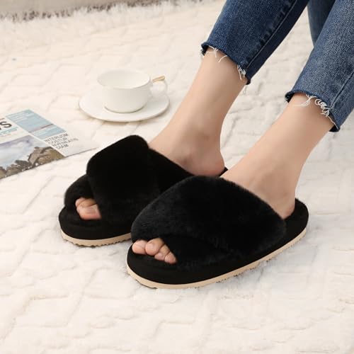 Comwarm Women's Cross Band Fuzzy Slippers Fluffy Open Toe House Slippers Cozy Plush Bedroom Shoes Indoor Outdoor2