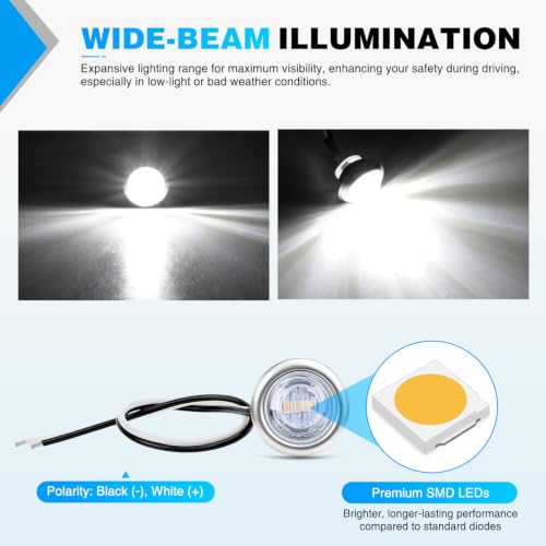 Image of Nilight 3 /4 inch Round Marker Lights 10PCS White Side Bullet Clearance Light | 304 Stainless Steel Bezel with IP68 Waterproof Hardwired Bright LEDs and 2 Wire Design for 12V Trailers Trucks Campers Boats