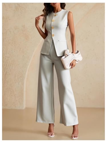 Women's 2 Piece Business Casual Outfits Elegant Button Up Blazer Vest and Wide Leg Pants Set4