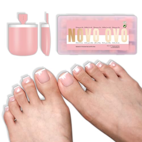 NOVO OVO Short Sharp Square White Micro French Toe Nail Tips Press on Baby Pink, Need Builder Gel Top Coat, Soft Gel Fake Toenails Full Cover, for Pedicure DIY x15 Sizes 240 Pcs