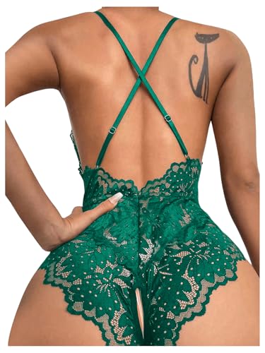 Image of SOLY HUX Women's One Piece Lingerie Sexy Lace Babydoll Deep V Teddy Criss Cross Backless Teddy Mini Bodysuit