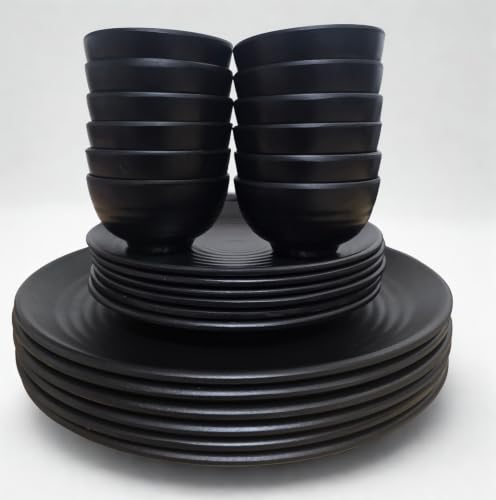 Image of WINK CUTLERY'S 24 Pcs Dinner Set for Family - 6 Dinner Plates, 6 Snack Plates & 12 Bowls | Unbreakable Plastic Dinnerware Set | Dishwasher Safe, Lightweight & Durable Dining Set (Black)