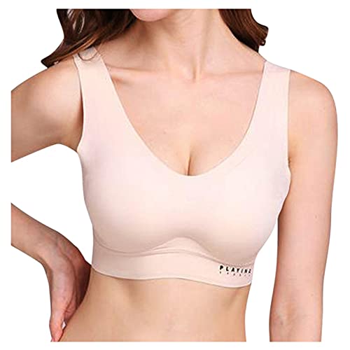 HHoo88 Sports Bras for Women Push Up Ice Silk Back Beauty Everyday Bras Seamless Padded Breathable Bras for Workout Fitness Beige