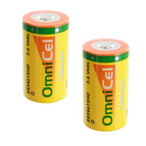 2x OmniCel ER34615HD 3.6V 13Ah Size D Lithium Standard Terminal For Smoke Alarms, Carbon Monoxide Detectors, Intrusion Sensors, Invisible Fencing, Emergency Backup, Data Collection