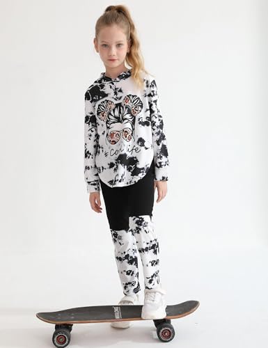 Image of Girls 2 Pcs Fall Winter Tie Dye & Leggings Outfits For Teens 5-14 | 2026 Girls Fashion Trendy, Long Sleeve Hoodie, Cool Life Print, Patchwork Pants, Back to School Holiday Tracksuit