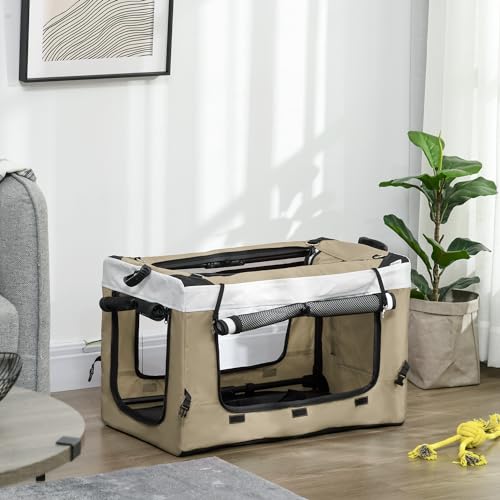 PawHut 2 in 1 Hundewagen Hundebuggy klappbar für Hunde & Katzen bis 10 kg Katzenbuggy mit Kissen Netzfenstern Türen Aufbewahrungskorb Katzenwagen Buggy Khaki
