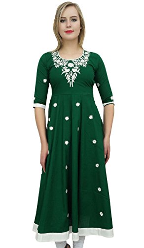 Bimba Women's Designer Green Tunic Cotton Embroidered Anarkali Kurti Dress-18