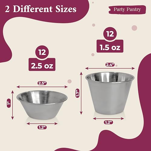 Party Pantry Stainless Steel Ramekins 24 Pack (1.5oz & 2.5oz) – Metal Dipping Sauce Cups, Condiment Cups, Small Metal Ramekins for Sauce, Ketchup, BBQ, Soy Sauce – Stackable Restaurant Portion Cups by Party Pantry - Image 2