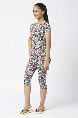 Image of SINI MINI Round Neck with Half Sleeve Top & Capri Beige Girls Casual Pack of 1 Night Suit Set