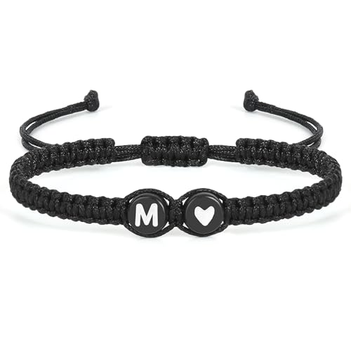 Image of Initial Letter Bracelet for Women Men, Alphabet Handmade Black Adjustable Braid Rope Heart Bracelet, Jewelry Gifts for Daughter Mother's Day Mom Sister