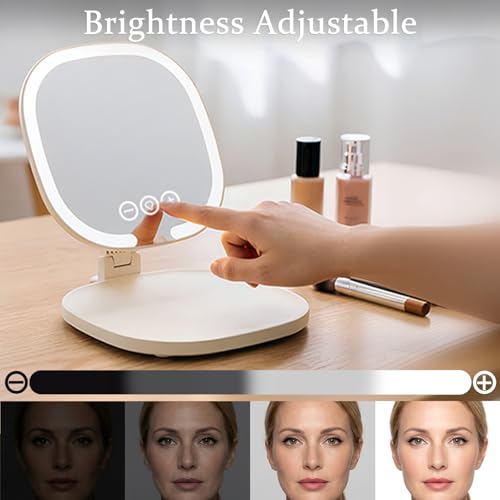 Espejo de maquillaje de viaje recargable, tocador de mesa portátil con iluminación de 3 colores 4