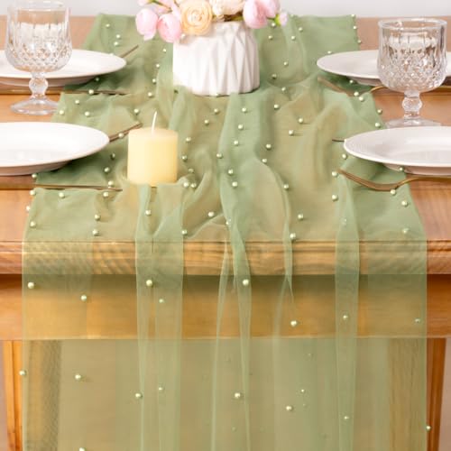 Image of MLMC Sage Green Pearl Table Runner Boho Rustic Tulle Table Runner with Pearls 10ft 29 inchx120 inch Cheesecloth Table Decor for Wedding Bridal Shower Anniversary Home Decoration