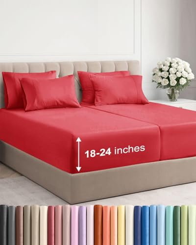 Image of Extra Deep Split King Sheet Set - 7 Piece Breathable & Cooling Sheets - Red | Hotel Luxury Bed Sheets Set, Easy & Secure Fit, Ultra-Soft, Wrinkle & Fade Free, Comfy Sheets Set with Extra Deep Pockets