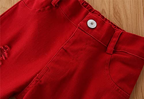 Toddler Girls Ripped Distressed Flared Jeans Kids Solid Color Denim Pants Ruffle Pants Vintage Jeans 1~6 Years (Red, 4-5 Years)4