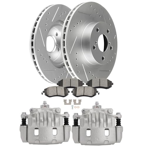 Image of SCITOO Front Brake Kit [4] Brake Pads [2] Brake Rotors [2] Brake Disc Calipers w /Bracket Compatible With 2005-2006 for Saab for 9-2X,2002-2016 for Subaru for Impreza,2003-2004 for Subaru for Legacy