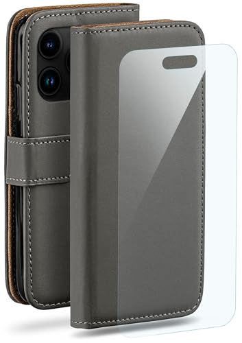 Étui iPhone 16 Pro gris moex en cuir synthétique avec support et protège-écran