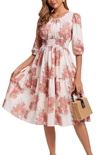 Image of Kormei Women Summer Casual Boho Floral Round Neck 3 /4 Sleeve Smocked Waist Tiered Flowy Swing Midi Dress M Pink Floral