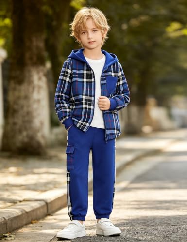 Image of Toddler Boy Clothes Plaid Hooded Shirt White T-shirt Top and Solid Color Pants 3Pcs Winter Boys Clothes