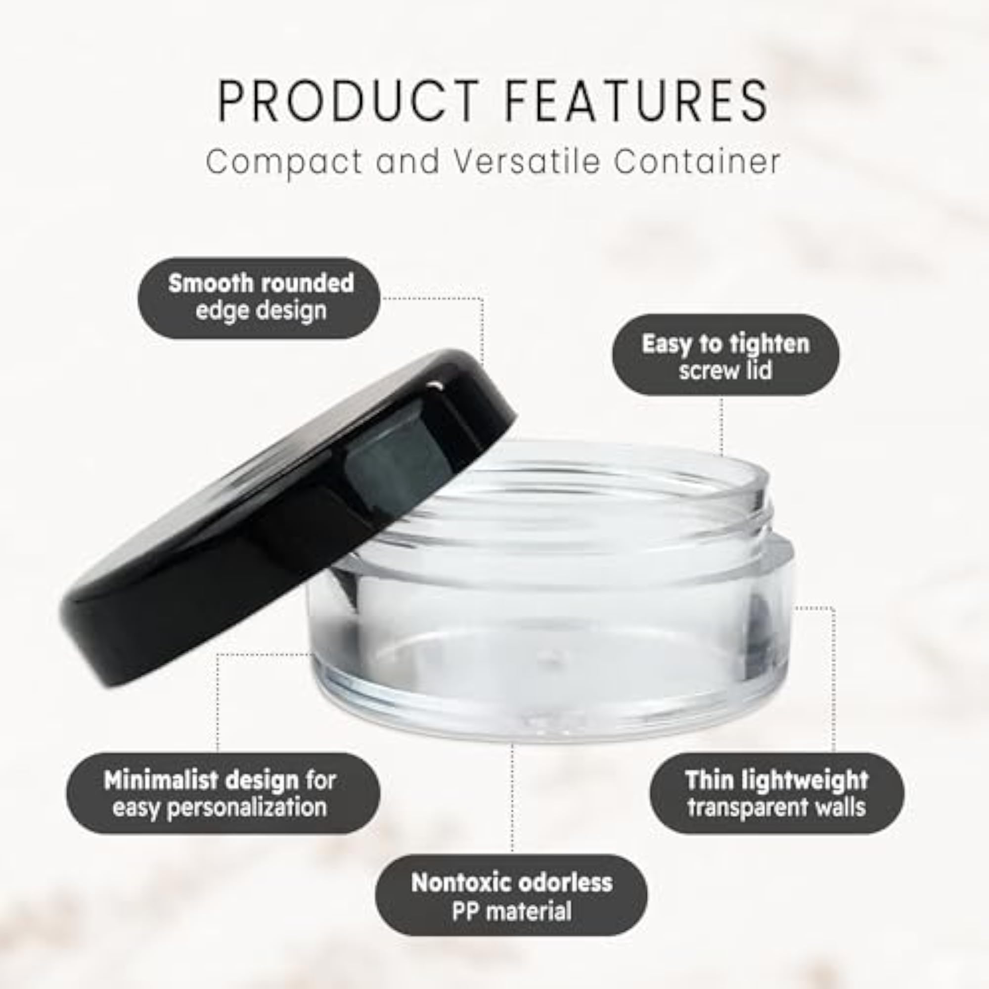 5G High Quality Round Clear Jars with Black Lids, Pack of 200