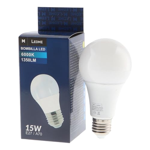 M Ledme - Bombilla Led E27 A70 15W, (Eq. 110W), Luz blanca Fría (6000k), casquillo E27, 1350 Lumen, IP20, Apertura del Haz de Luz 270°, Eficiencia energética y Bajo Consumo. LM7046