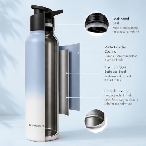 Image of HomeEssentials Premium Stainless Steel Water Bottle - Single-Wall 1000ml | Single-Wall Insulated Leakproof Stainless Steel Lid | Unbreakable, BPA-Free, Fridge Bottles for Home, Office, School, Travel