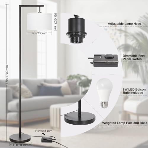 Boncoo Black Floor Lamp, Dimmable Floor Lamp For Living Room, Modern Standing Lamp With Adjustable Drum Shade thumb #3