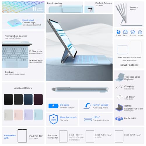 Image of typecase Keyboard Case for iPad Pro 13-inch (M5 2025 / M4 2024), Magic Keyboard with 11 Colors Backlight, Keyboard Case with Pencil Holder, Multi-Touch Trackpad, Easy-Set Magnetic Stand, Light Blue