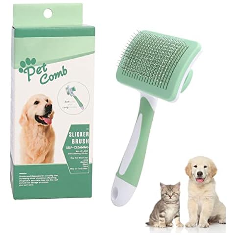 Cat Brush Dog Brush Grooming Comb,Self Cleaning Cat Dog Slicker Brushes with handle,Pet Grooming Tool with Cleaning Button for Pets with Short/Medium/Long Hair (Green) Cover