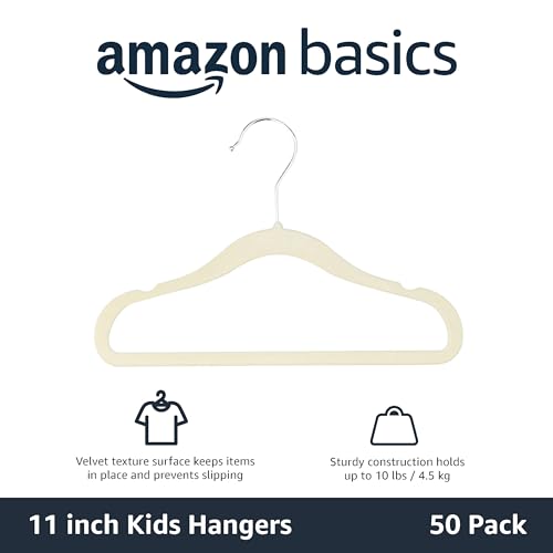 Amazon Basics Kids Velvet, Non-Slip Clothes Hangers for Infant and Toddler, 11.6 inches, Pack of 50, Beige