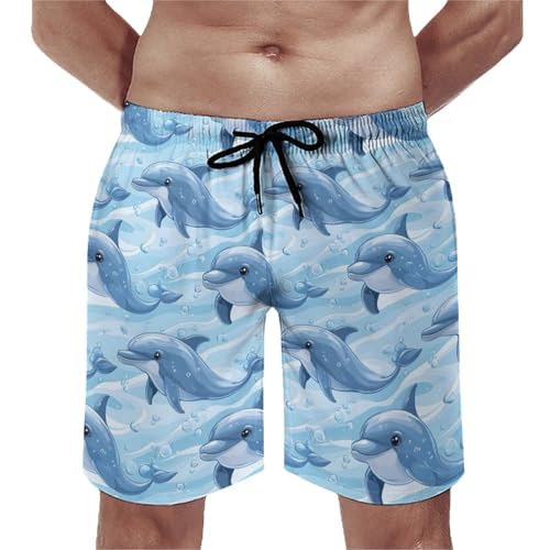 Hawaiian Shorts for Men - Comfy Cute Dolphin Ocean Print Mens Swim Trunks Bathing Suits with Mesh Lining