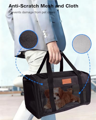 Image of Pet Carrier Airline Approved for Pets Up to 10 Lb, 17x11x9.5 in | Underseat, Top & Side Entry Soft Dog Cat Travel Carrier with Safety Zippers & Anti-Scratch Mesh for Small Cat and Dog, Black