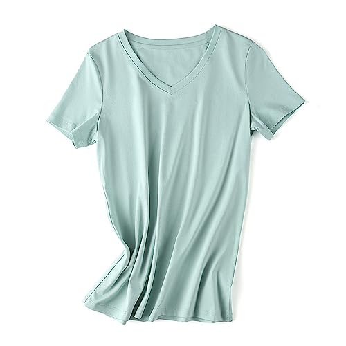 T-shirt col en v pour femme en coton vert clair à manches courtes