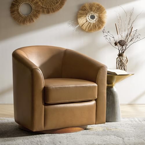 Image of HULALA HOME Genuine Leather Swivel Barrel Chair, Round Swivel Accent Chair with Solid Wood Base, No Assembly Required, Camel