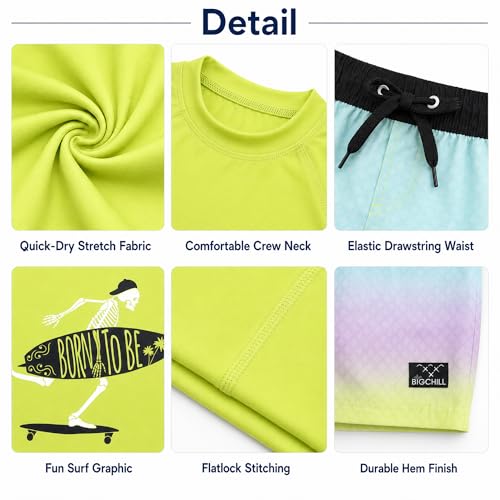 Image of Big Chill Boys Swim Set - 2 Piece Quick Dry UPF 50 Short Sleeve Rash Guard for Boys and Swim Trunks - Swimwear Set for Kids