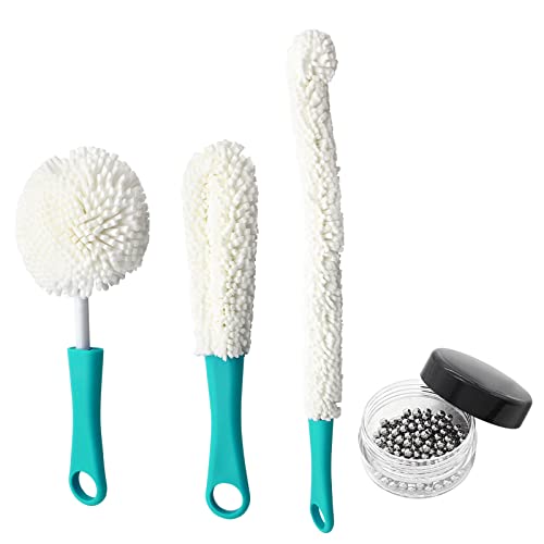 BokWin 3 Pcs Decanter Cleaner Set Flexible Wine Bottle Cleaning Brush with Decanter Cleaning Balls,Scourer Cleaning Tools for Glasses Goblets Cups Champagne Flutes(Green)