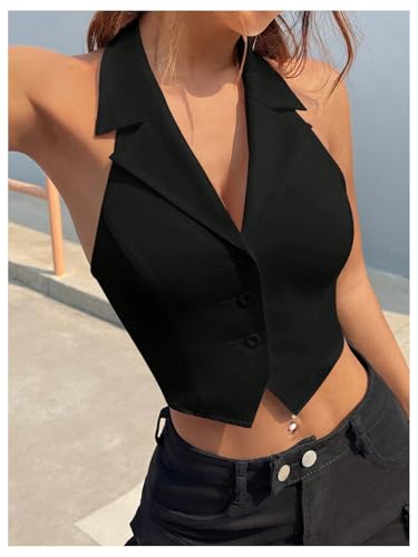 SOLY HUX Women's Halter V Neck Vest Button Down Backless Crop Tank Tops Sleeveless Blazer Waistcoat4