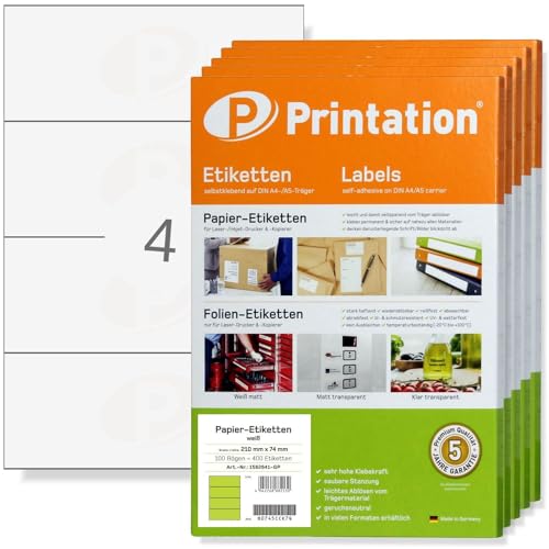 Printation Etiquetas autoadhesivas de 210 x 74 mm, color blanco para imprimir, 2000 pegatinas 1 x 4 210 x 74,25 etiquetas en 500 hojas DIN A4 1x4 – Etiquetas adhesivas 8405 Dataprint VDA ODETTE