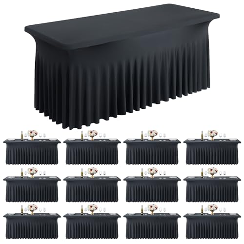 Image of Outpain Black Spandex Table Clothes for 6 Foot Rectangle Tables-12Pack 6FT Spandex Fitted Table Cover, Wrinkle Free Tablecloths with Skirt for Parties, Wedding, Birthday, Banquet, Festival